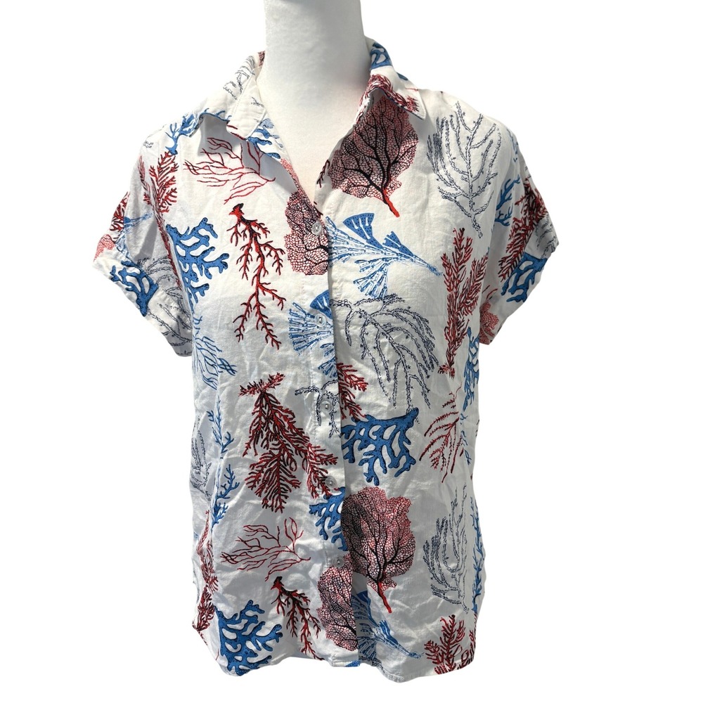 Jane + Delancey Coastal Womens Small Linen Blend Coral Reef ButtonUp Shirt Beach
